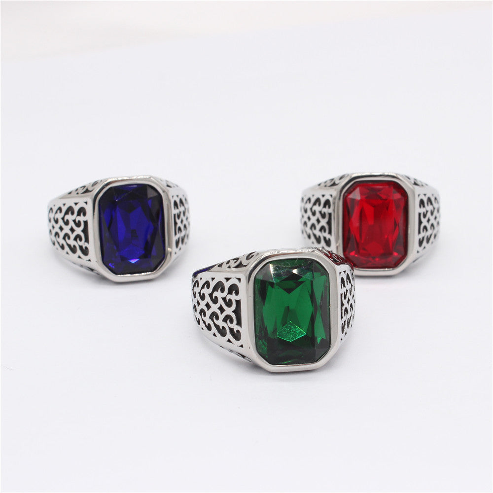 Planderful Everyday Genie Durable Rectangular Zircon Titanium Steel Ring Unisex Court Style