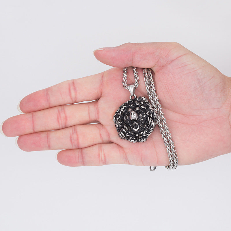 Steel Necklace – Statement Bear Head Pendant