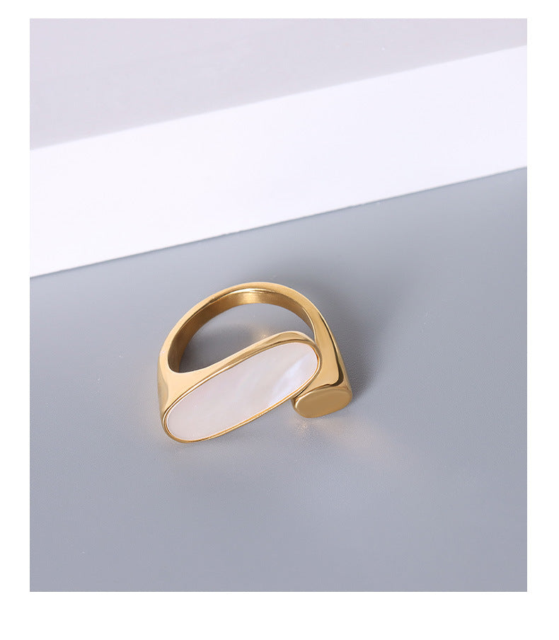 Elegant Mother of Pearl Oval Ring in Gold Plated Titanium Steel