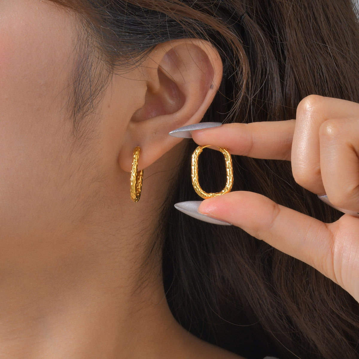 Hammered Rectangular Huggie Hoop Earrings