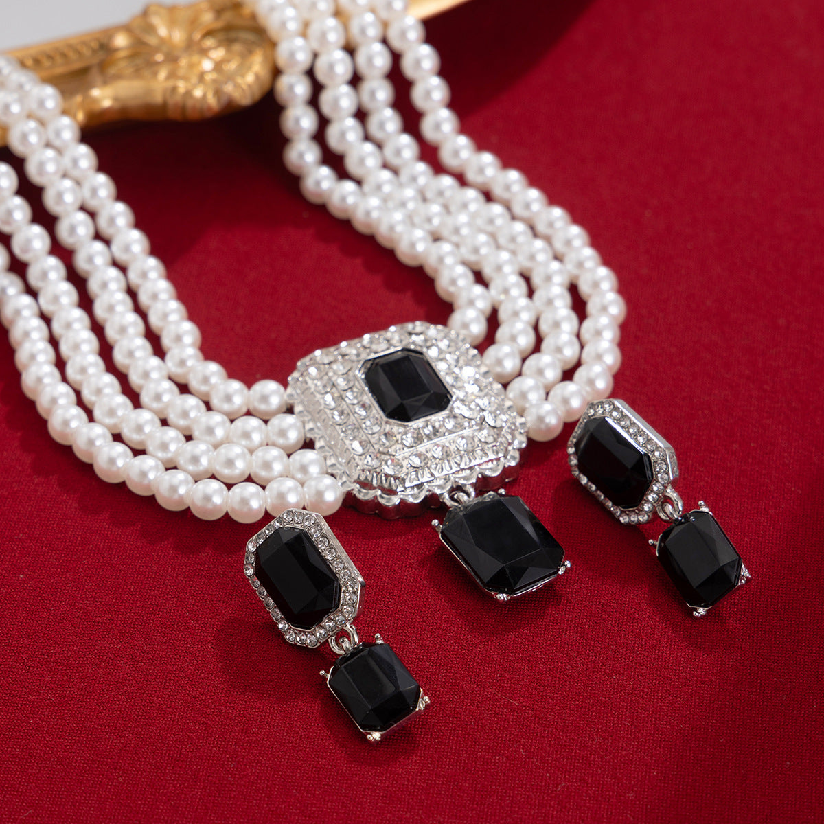 Square Crystal & Pearl-Style Layered Choker