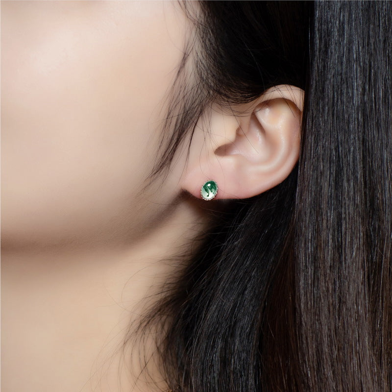 S925 Sterling Silver Moss Agate Minimalist Stud Earrings