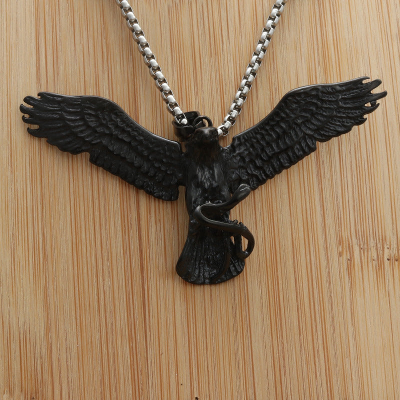 Personalized Retro Punk Titanium Steel Eagle Pendant Necklace for Men - Trendy Snake Catcher Design