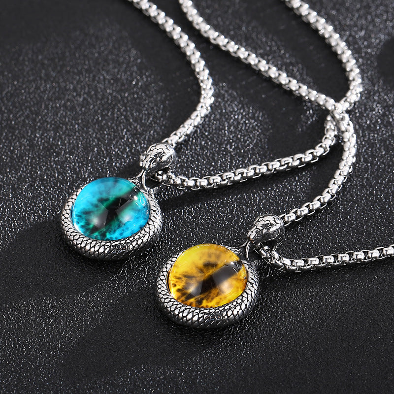 Trendy European and American Street Style Snake Inlaid Tiger's Eye Titanium Steel Men's Pendant