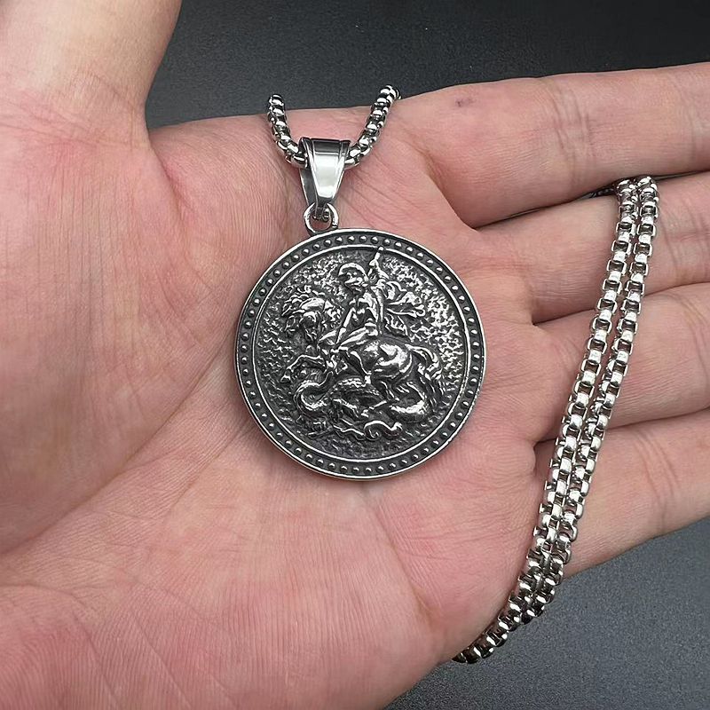 Steel Necklace – Vintage St George Dragon Slayer Pendant For Men Great Gift For Him Noble Medieval Style
