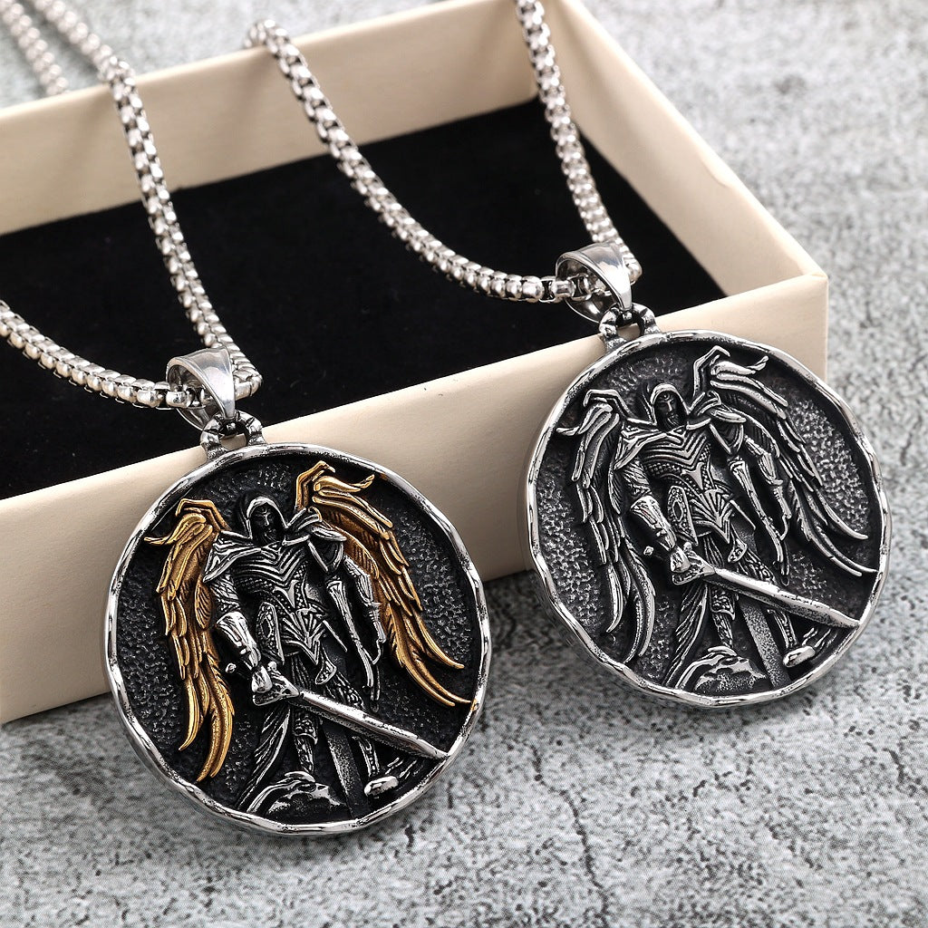 Vintage St. Michael Angel Stainless Steel Men's Pendant Necklace