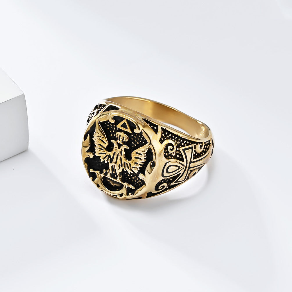 Planderful Mens Ring Retro Double-Headed Eagle Titanium Steel For Men Dominant Statement Jewelry