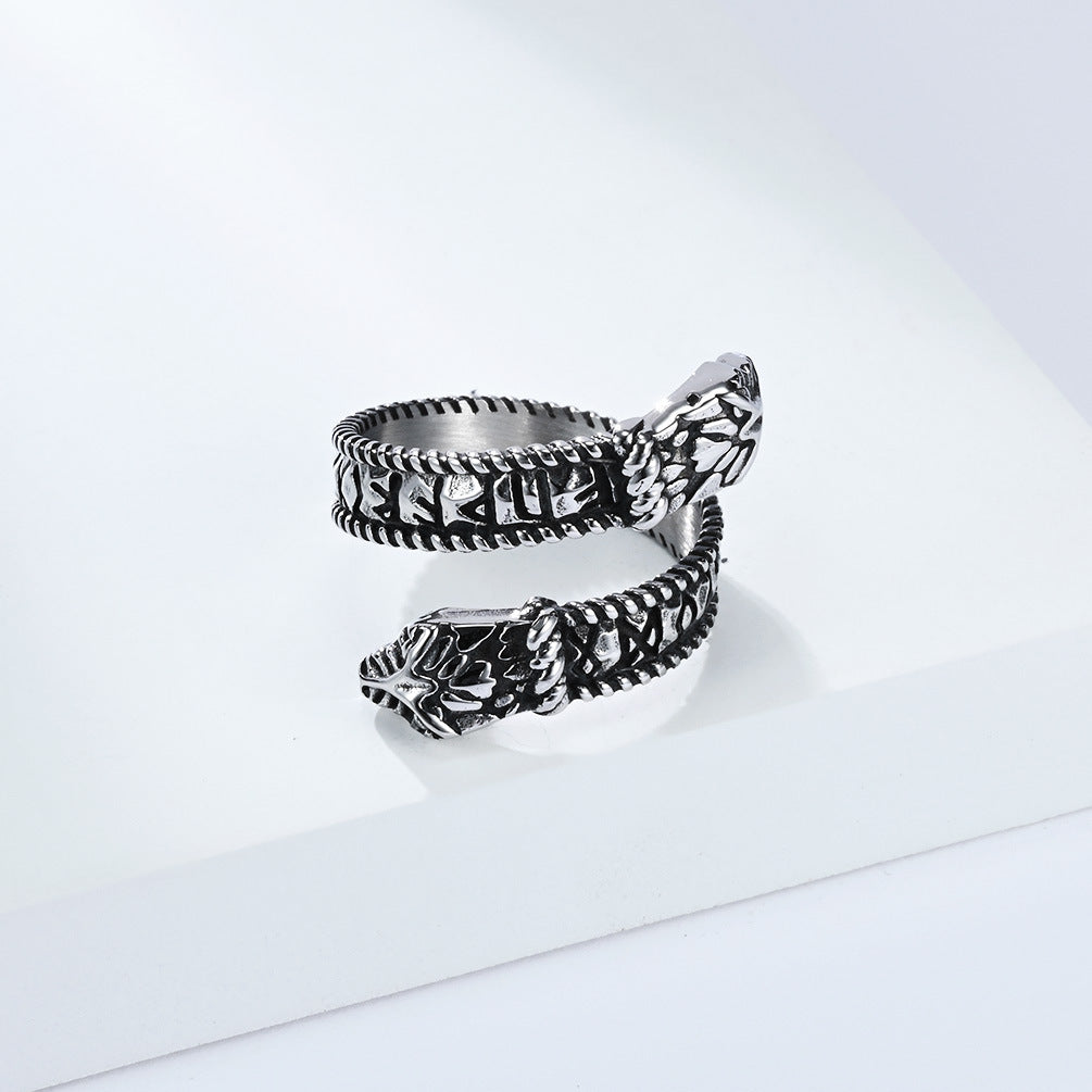 Planderful Viking Double Headed Snake Ring Durable Titanium Steel Retro Rune Unisex Hand Jewelry