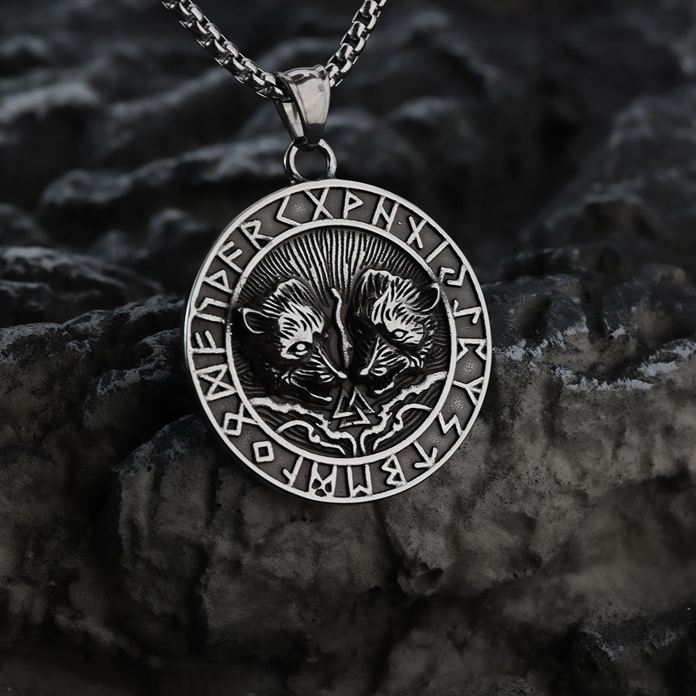 Nordic Men's Jewelry Viking Stainless Steel Double Wolf Pendant