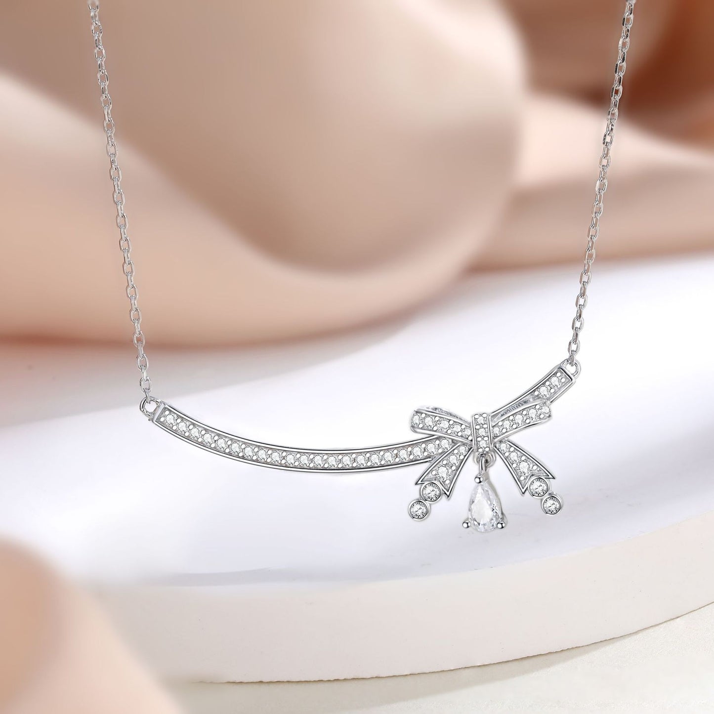 Bowknot Pear Shape Zircon Arc-shaped Strip Sterling Silver Necklace