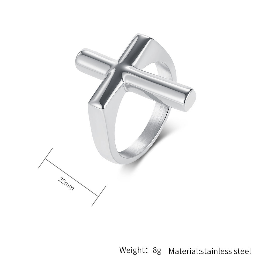 Planderful Everyday Genie Cross Ring for Men Titanium Steel Gold Plated Smooth Surface Street Fashion