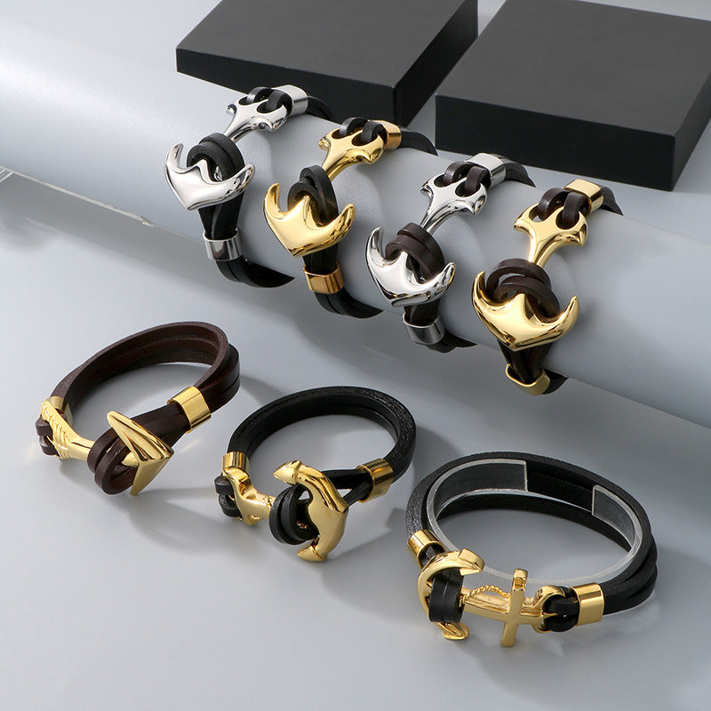 Planderful Men Pirate Durable Steel Cowhide Anchor Bracelet