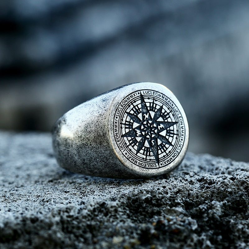 Titanium Steel Adventure Compass Ring for Unisex - Elegant Cross-Border Jewelry Collection