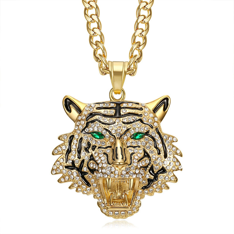 Planderful Hip Hop Jewelry Tiger Head Bottle Opener Necklace For Hip Hop Fans Stainless Steel Gold Plated Zircon