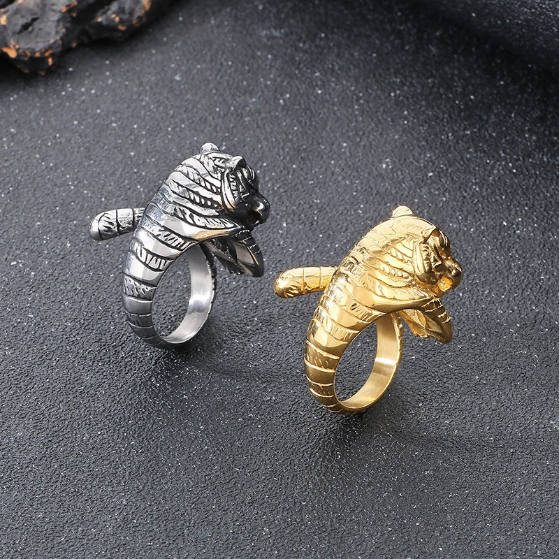 Planderful Zodiac Tiger Head Ring Mens Titanium Steel