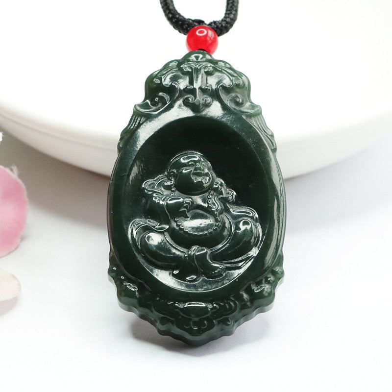 Natural Hotan Jade Jade Pendant Dark Green Oval Buddha Pendant Jewelry