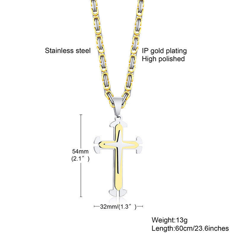 Planderful Stainless Steel Bold Triple Cross Pendant Necklace For Men On Byzantine Chain