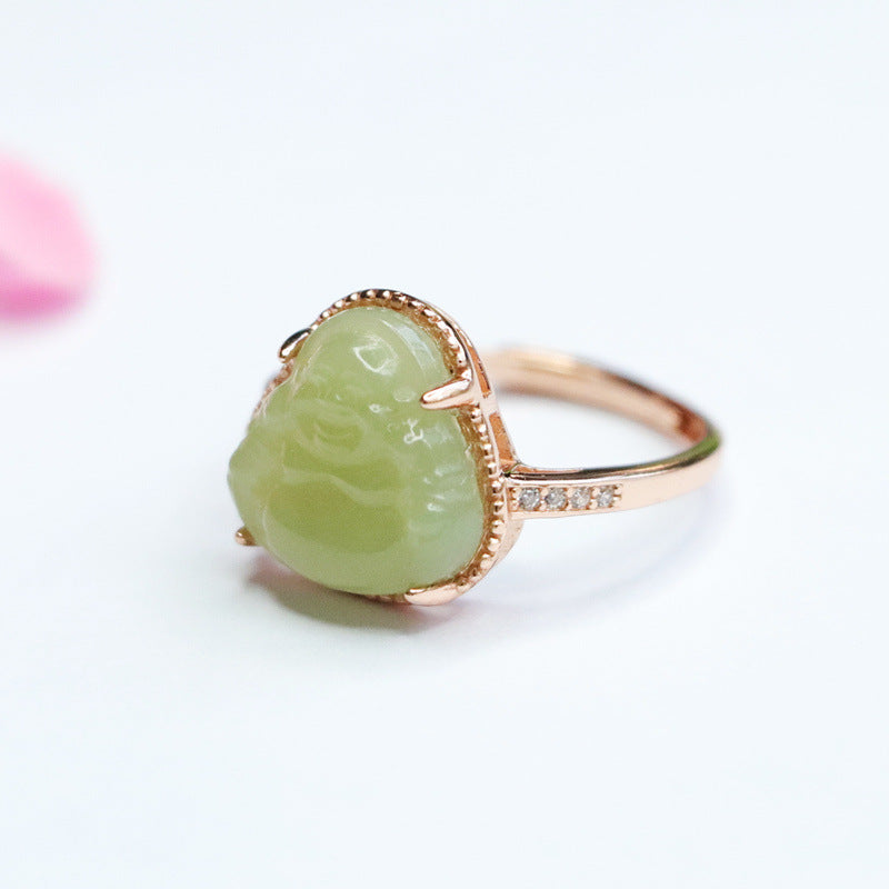 925 Sterling Silver Hetian Jade Buddha Ring