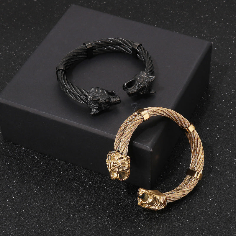 Punk Style Braided Wire – Lion Head Wolf Head Titanium Steel Men's Bracelet