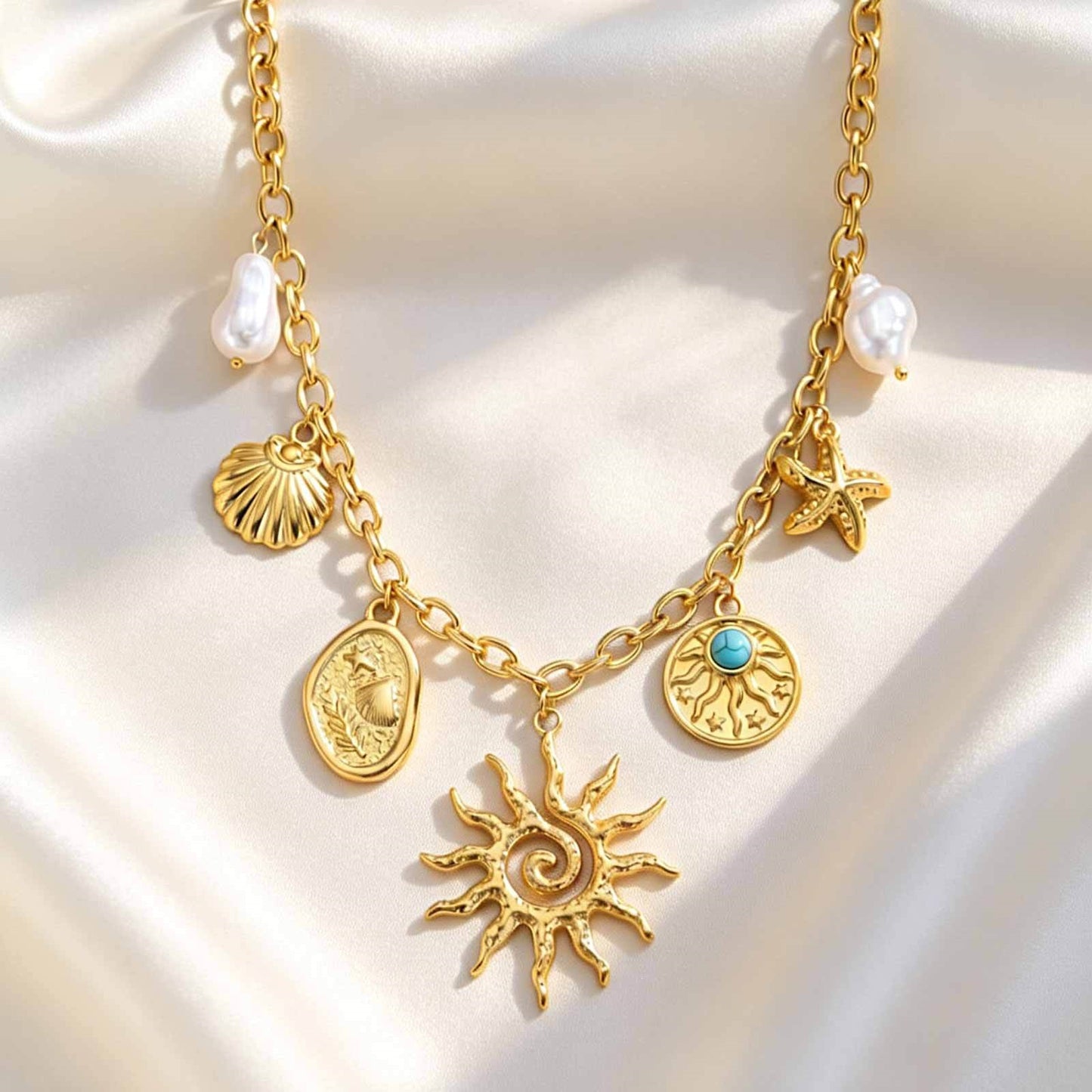 Stainless Steel Necklace Diy Ocean Wind Flower Imitation Pearl Necklace Gold