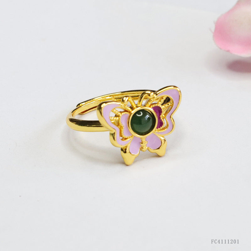 Green Jadeite Butterfly & Enamel Ring