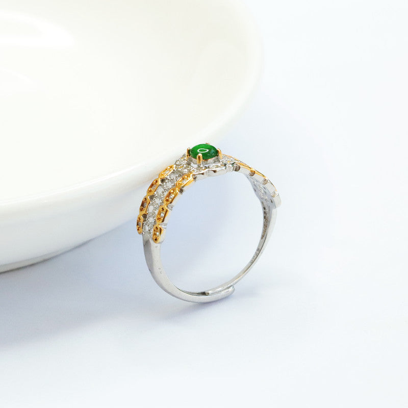 Icy Green Jadeite Mesh 925 Silver Ring