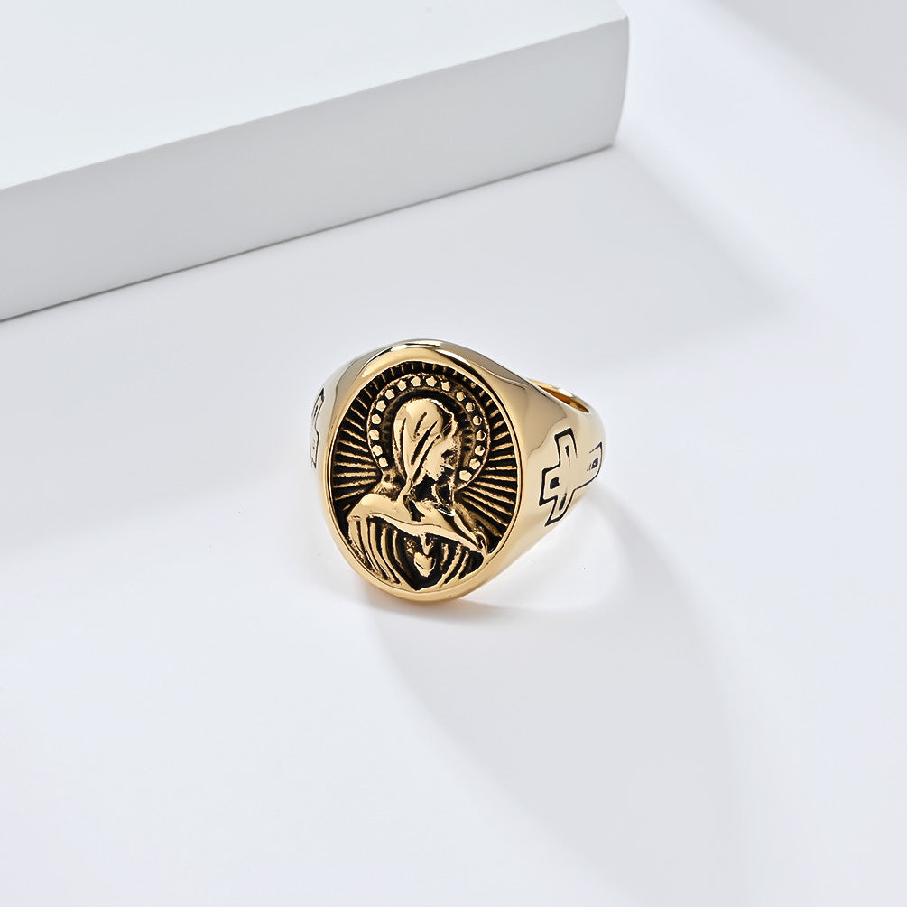 Steel Ring – Vintage Virgin Mary Cross Design