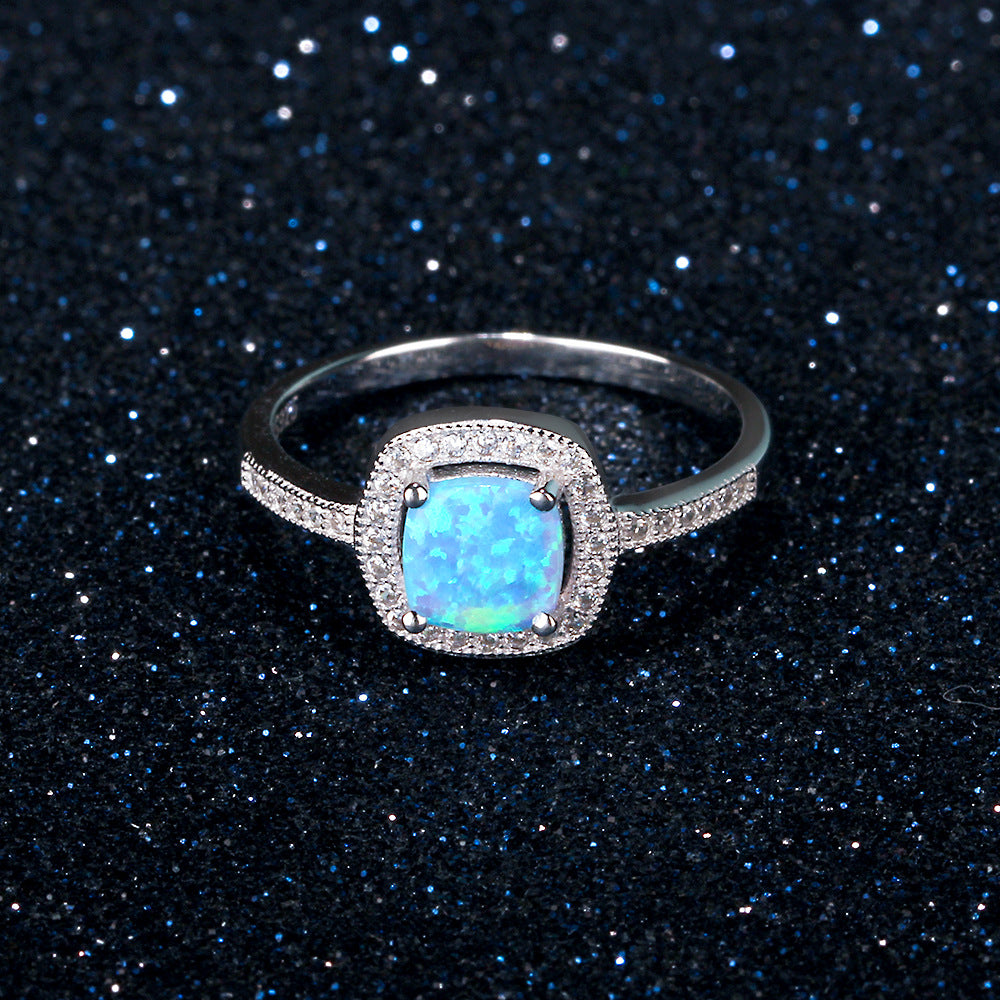 Planderful Jewelry Sterling Silver Opal Ring With Blue Inlaid Zircon Elegant Everyday Gem