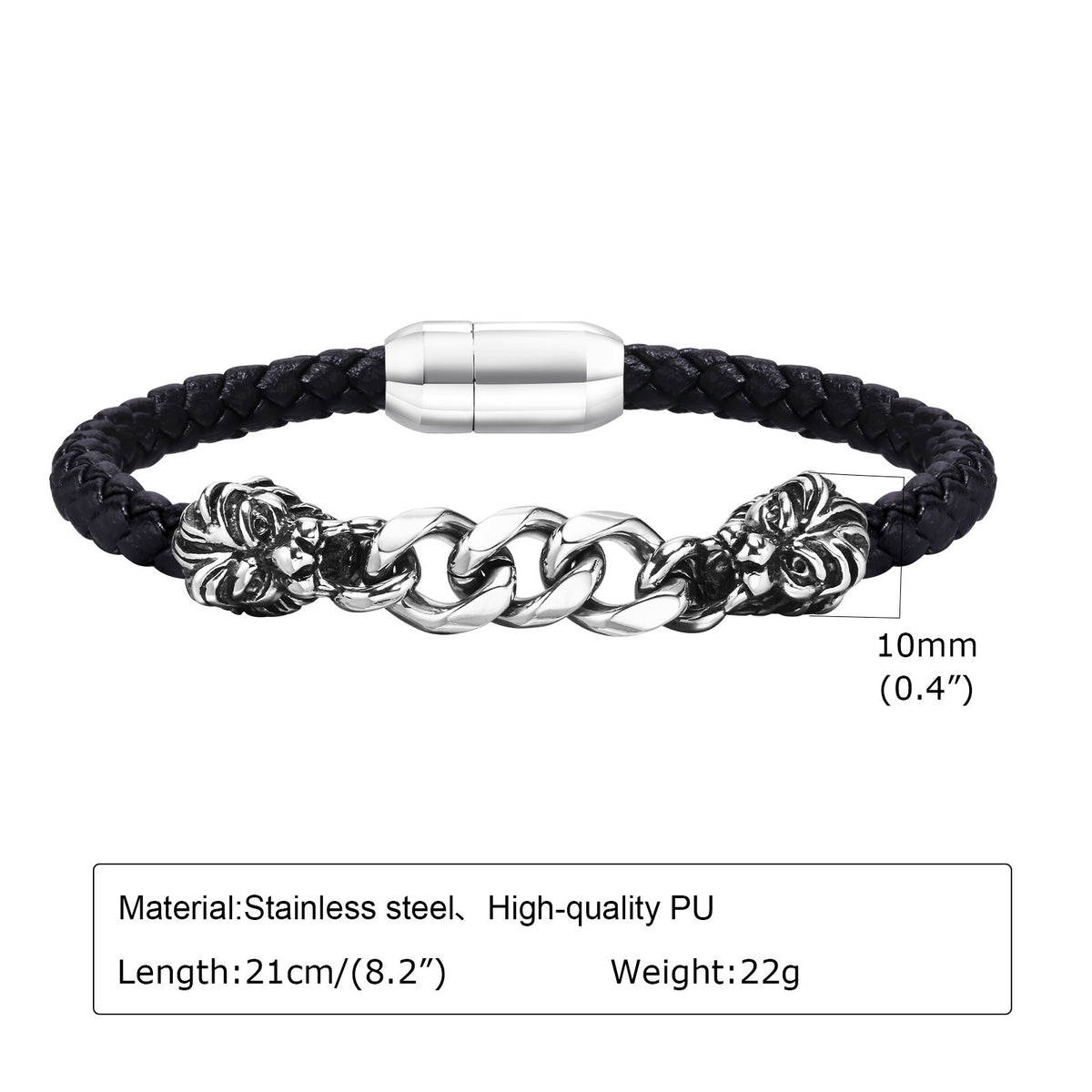 Stainless Steel Chain Microfiber Leather Layered Bracelet Men's Wolf Head Punk