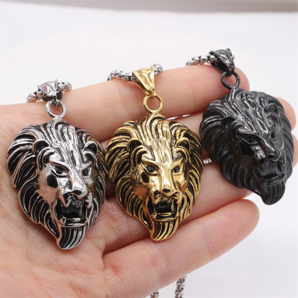 Planderful Everyday Genie – European and American Retro Lion Head Men's Titanium Steel Pendant Necklace for Men