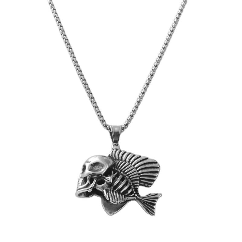 Trendy Titanium Steel Skull Fish Pendant Necklace for Men and Women