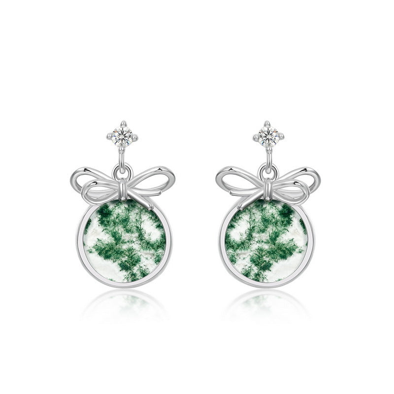 S925 Sterling Silver Moss Agate Bow Stud Earrings