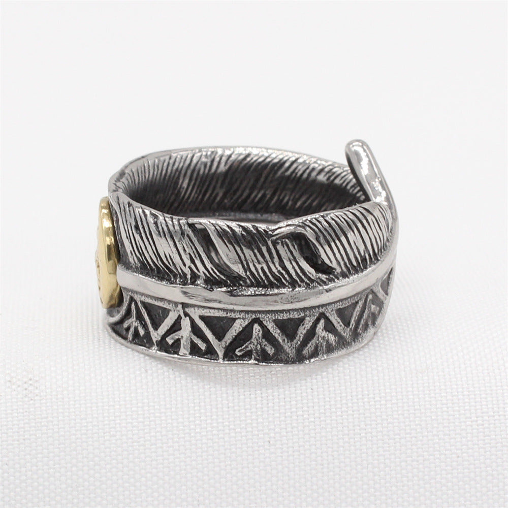 Planderful Titanium Ring For Men Bold Retro Feather Design