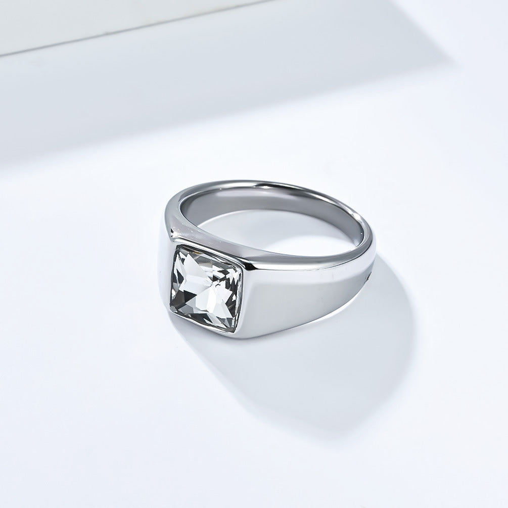 Planderful Mens Rhombus Cut Glass Gem Titanium Steel Ring Premium Personalized Fashion Jewelry for Men