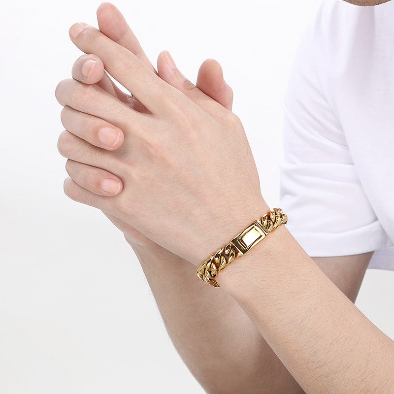 Planderful Cuban Chain Bracelet Men Bold Glossy 12mm Steel