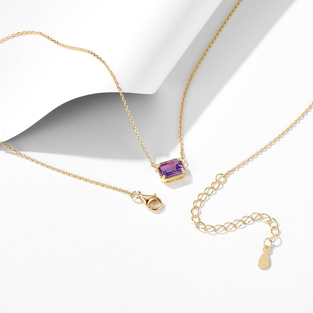 Rectangular Natural Amethyst Sterling Silver Necklace High-End Sense Decoration