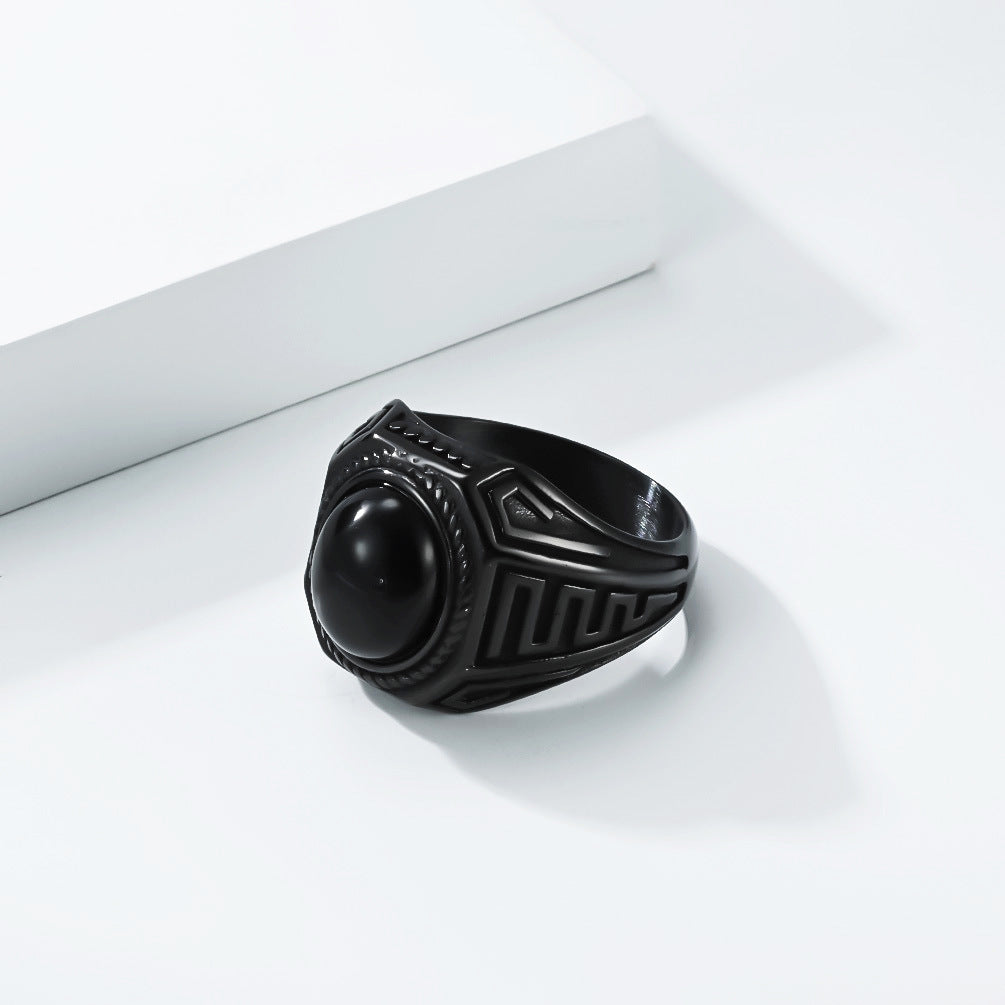 Mens Stainless Steel Ring With Black Stone Retro Trend By Planderful Everyday Genie