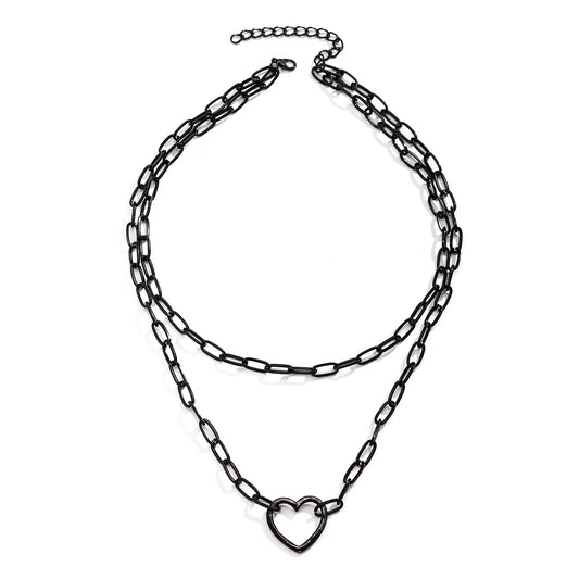 Cyberhip-hop Black Cross Chain Necklace and Retro Heart-shaped Double-layer Collarbone Necklace from Europe and America