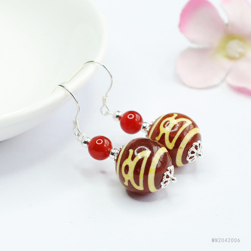 Wealth Motif Dzi Bead 925 Silver Hook Earrings