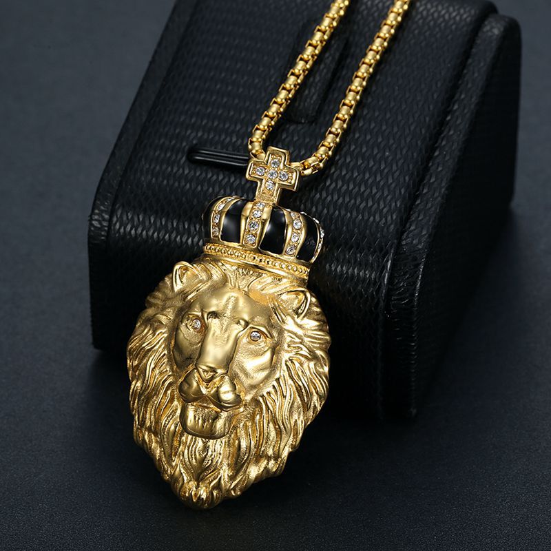 Steel Necklace – Statement Rhinestone Crown Lion Pendant