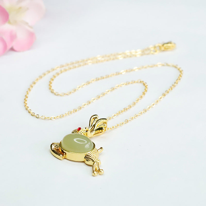Fortune's Favor Sterling Silver Deer Pendant with Natural Hetian Jade