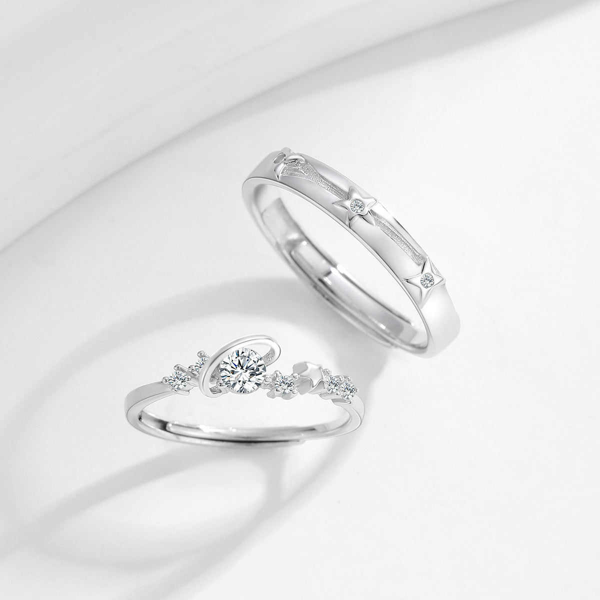 Planderful Star Accompanied S925 Sterling Silver Couple Ring Planet Pair Ring Light Luxury Trendy Cool Jewelry Valentine's Day Girlfriend