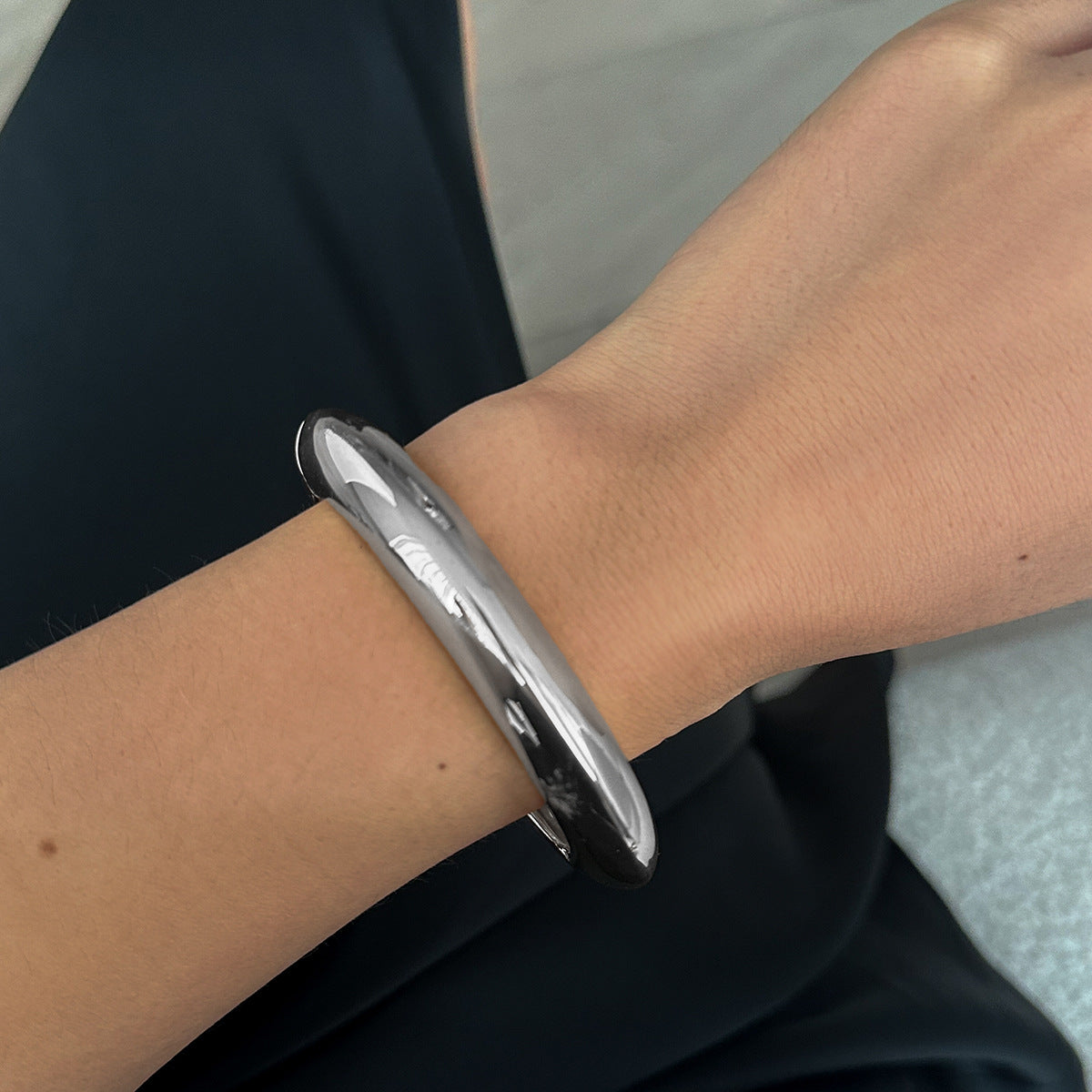 Planderful Vienna Verve Statement Bracelet For Women With Geometric Spring Buckle Bold Glossy Wide Cuff