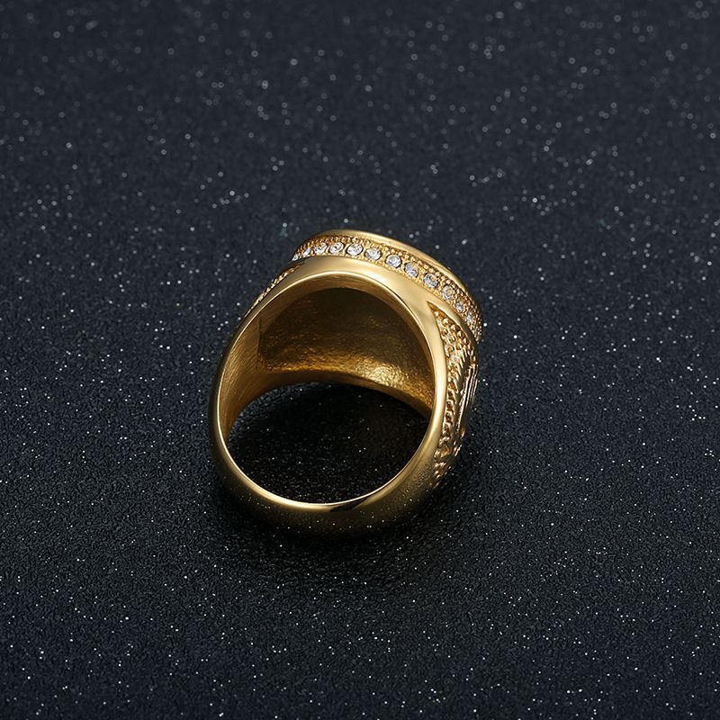 Planderful Mens Titanium Steel Ring Crown With Golden Rhinestones Hip Hop Style Size 7 13
