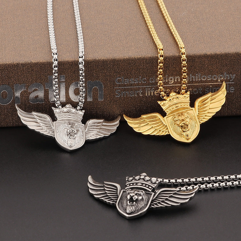 Retro Metal Lion Head Emblem Pendant with Punk Angel Wings for Men