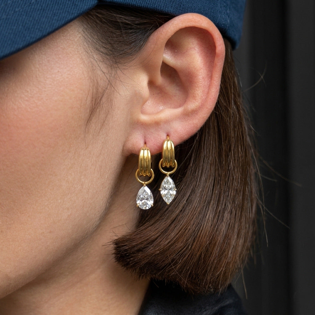 Planderful Gold Water Drop Zircon Vertical Texture Stainless Steel Statement Stud Earrings For Fashion Forward Women