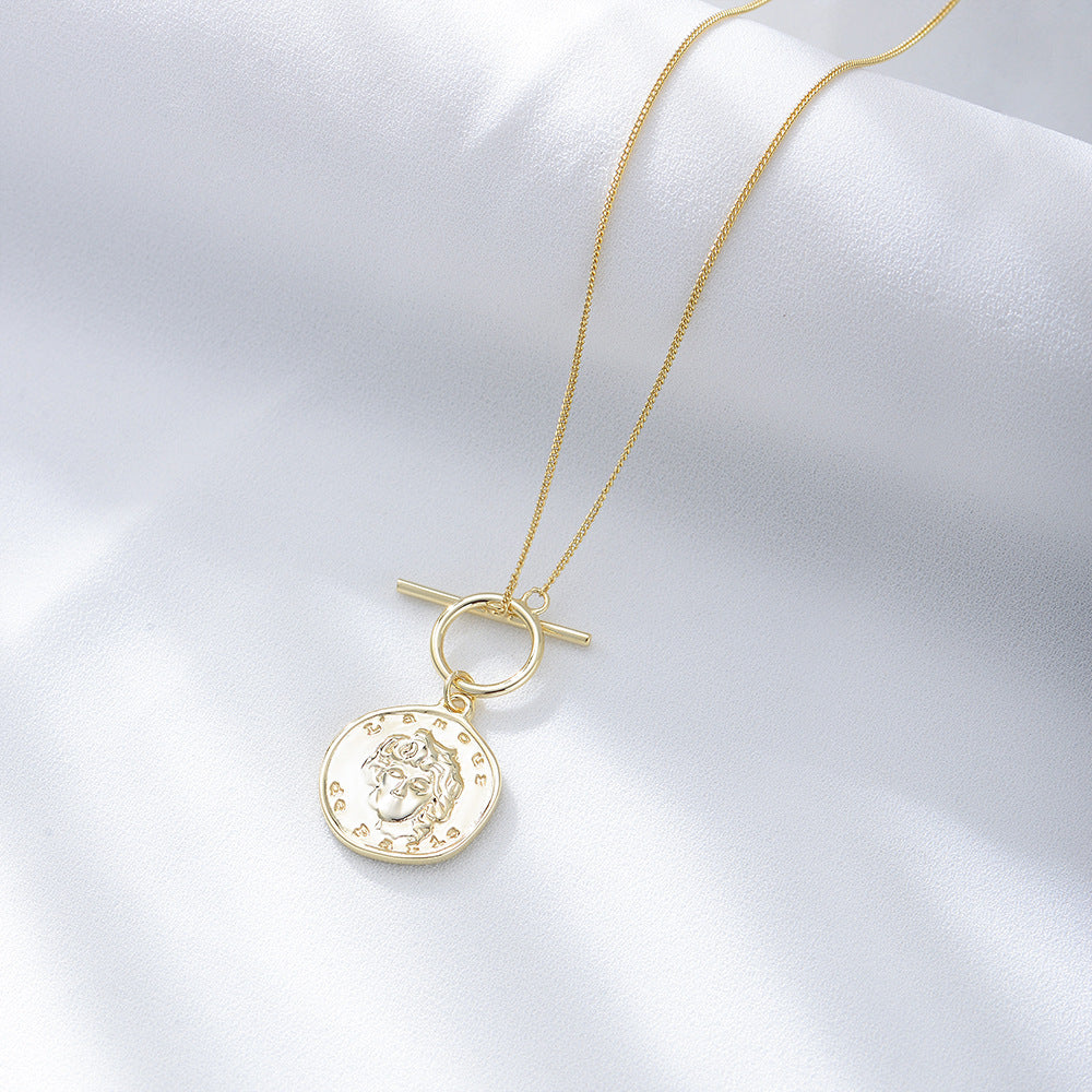925 Sterling Silver Coin Portrait Necklace Retro Gold Relief Pendant