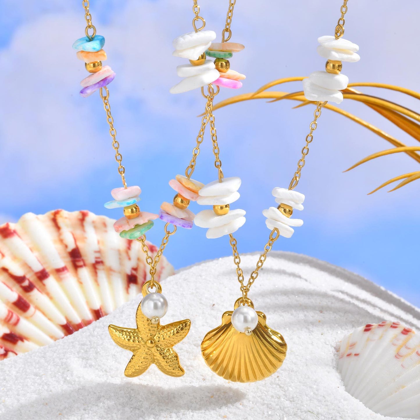 Seaside Summer Small Fresh Ocean Wind Stainless Steel White Shell Square Piece Metal Necklace