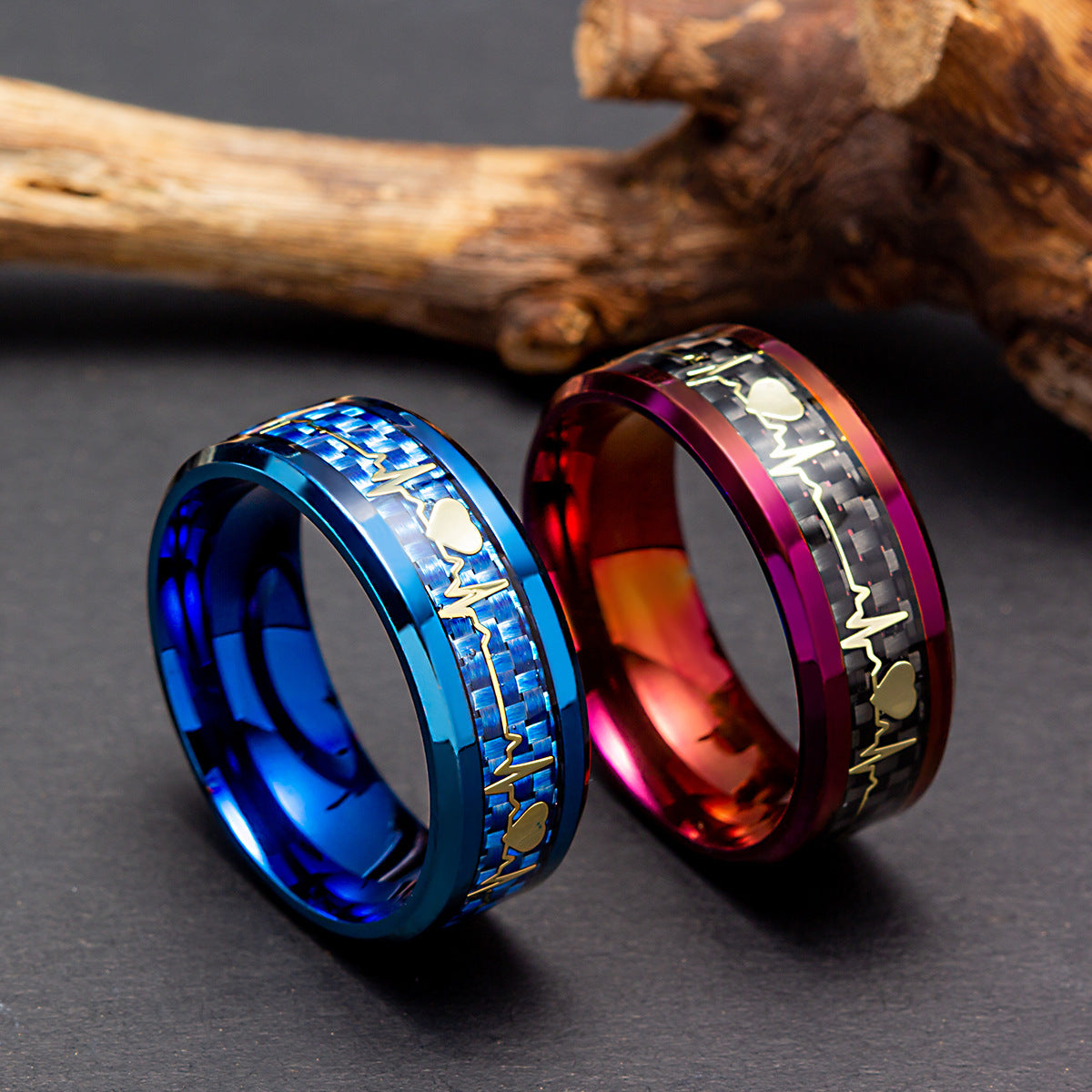 ECG Heartbeat 8mm Carbon Fiber Ring For Valentines Day Couples Unisex Titanium Steel By Planderful Everyday Genie