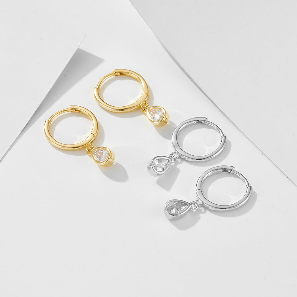 S925 Sterling Silver Drop-Shaped Zircon Earrings C-Shaped Ear Buckles Retro Classic Earrings